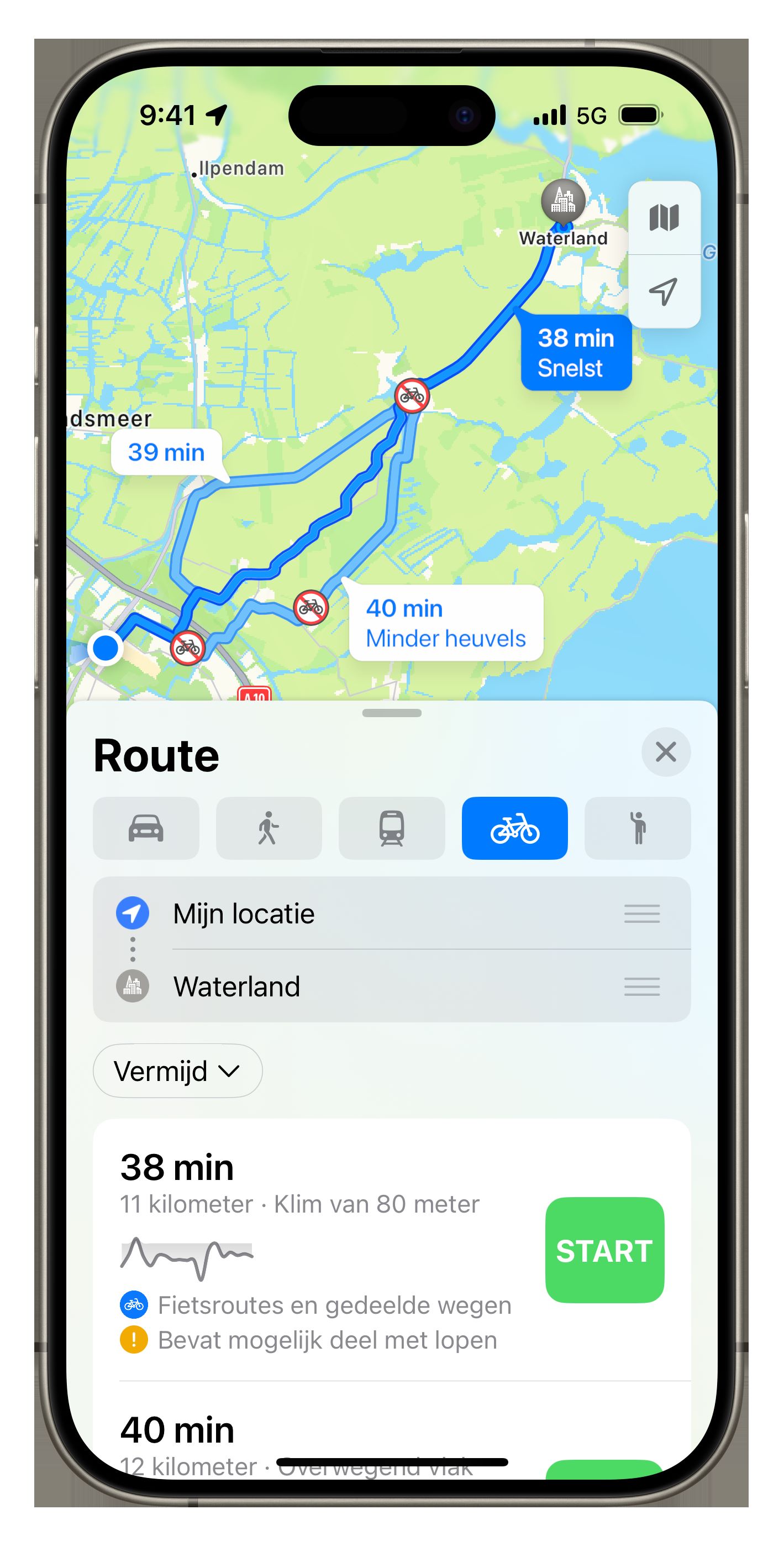 Apple kaarten Cycling route overview 1