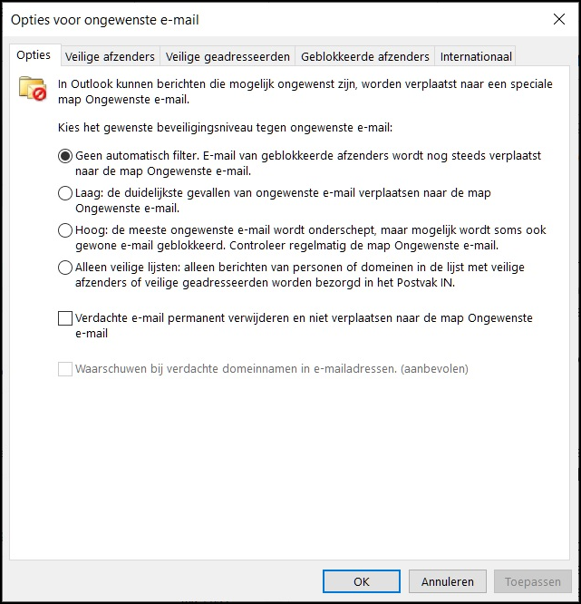 Outlook opties voor ongewenste mail 2