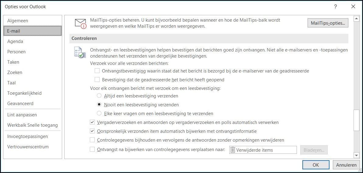 Opties mailbevestiging Outlook 2