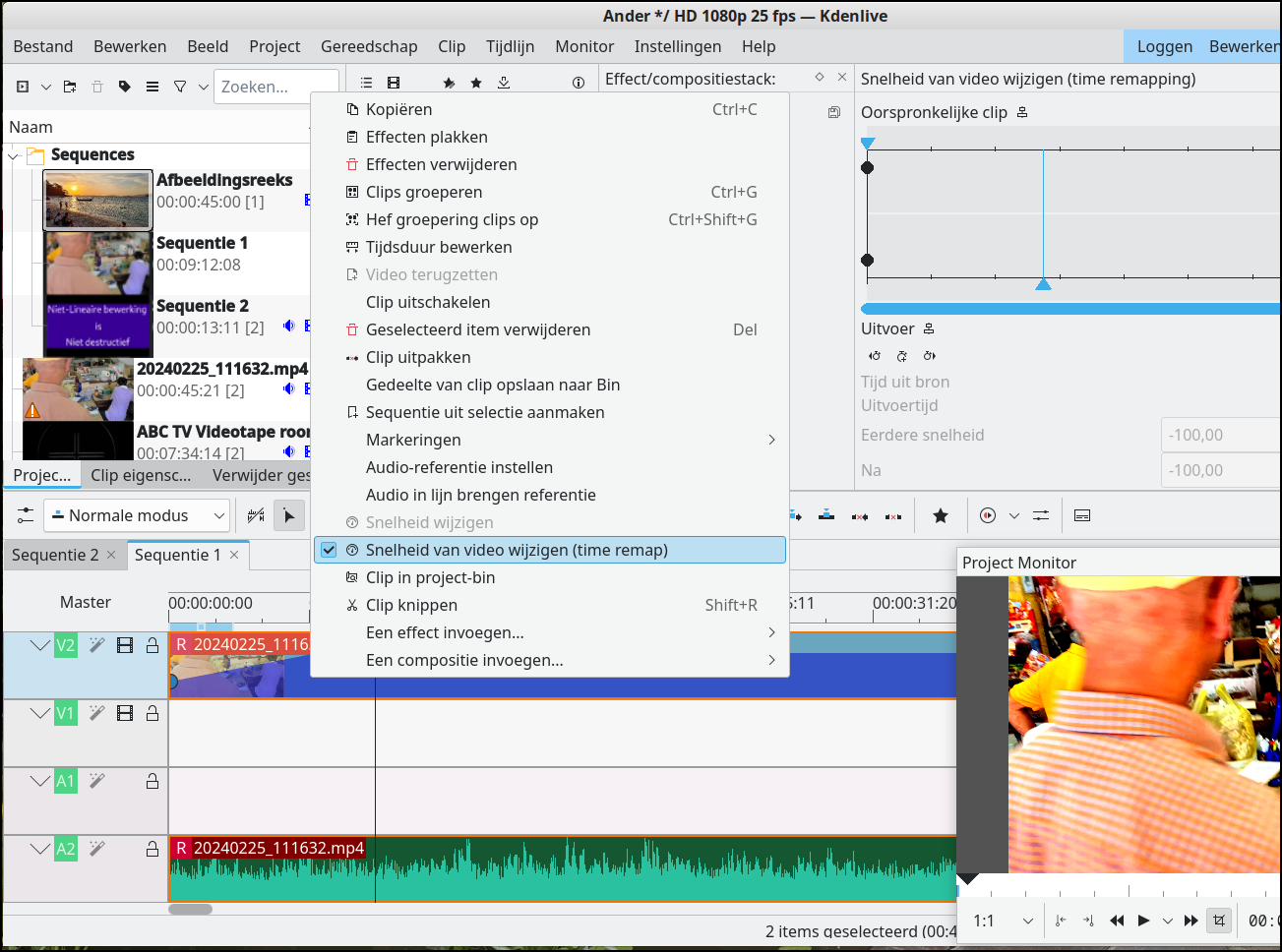 Afb. 24 Selecteren van Time remap na rechter muisklik op videospoor 2