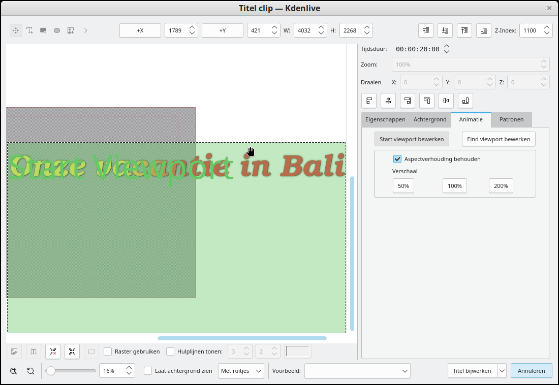 Afb. 31 Animatie tekst beginnen linksboven start viewport verschaling 100 aangeklikt niet zichtbaar 2