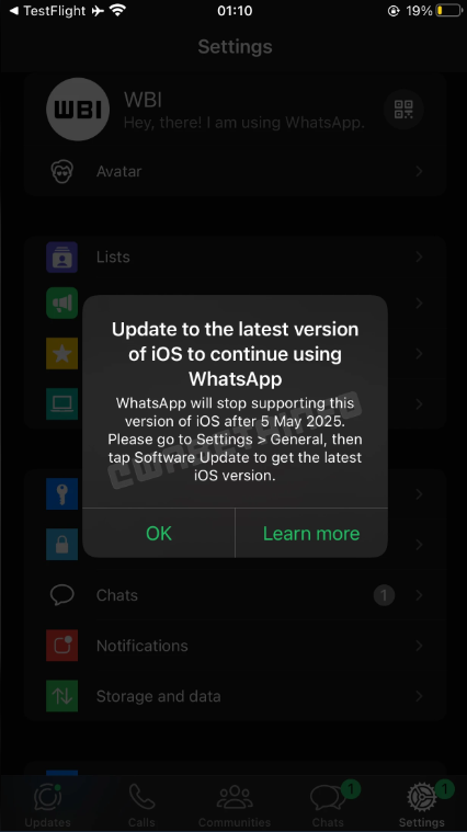WABetaInfo foto over melding incompatibele iOS versie
