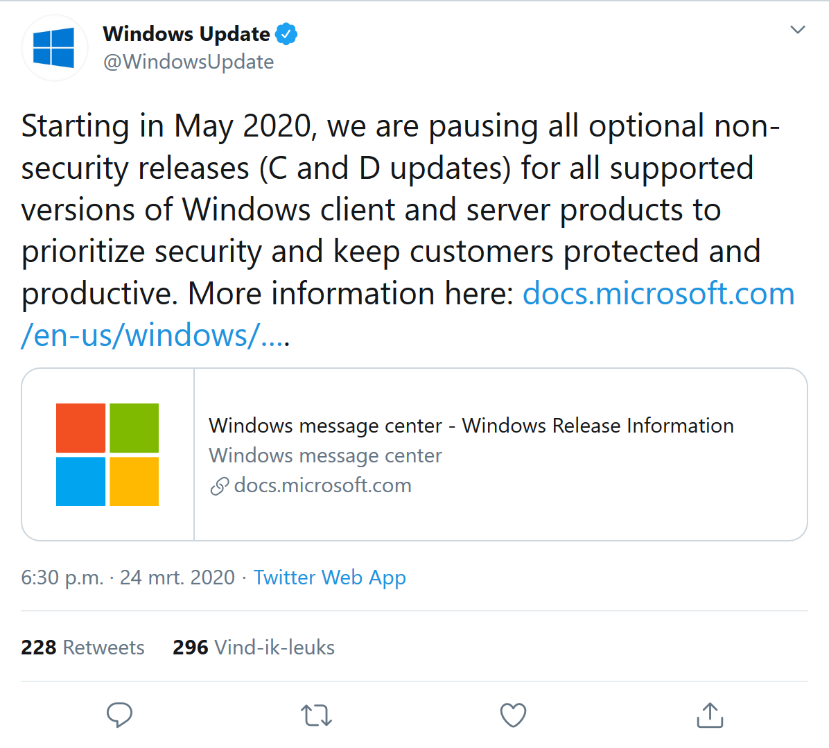 Windows Update op Twitter Starting in May 2020 we are pausing all optional non security releases C png
